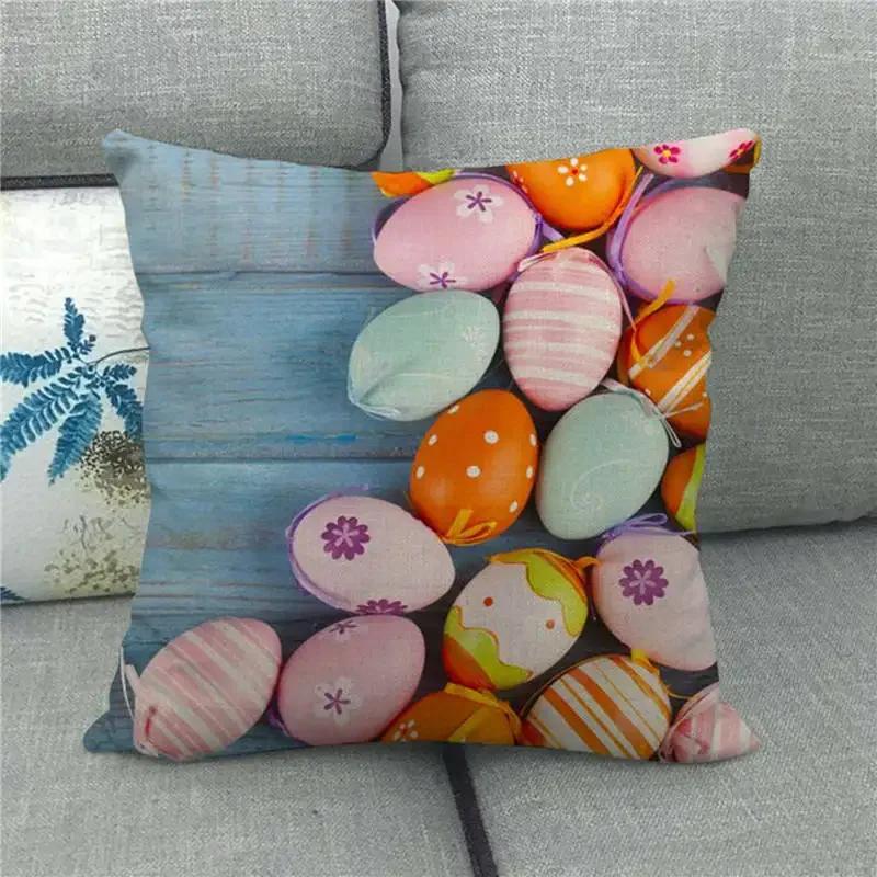 Easter Cushion Cover Cute Bunny Eggs Printed Pillow Covers 18x18 Inches Easter Decorations Hare Rabbit Flower Linen Pillowcase