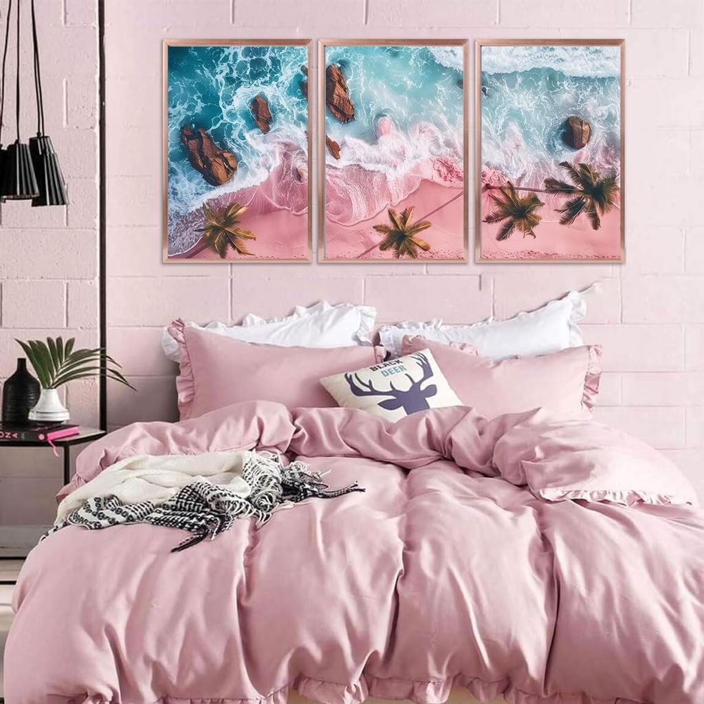 3Pcs Pink Beach Canvas Wall Art Tropical Coastal Palm Trees Wall Decor Pictures Preppy Ocean Wave Landscape Posters Prints for Living Room Bedroom