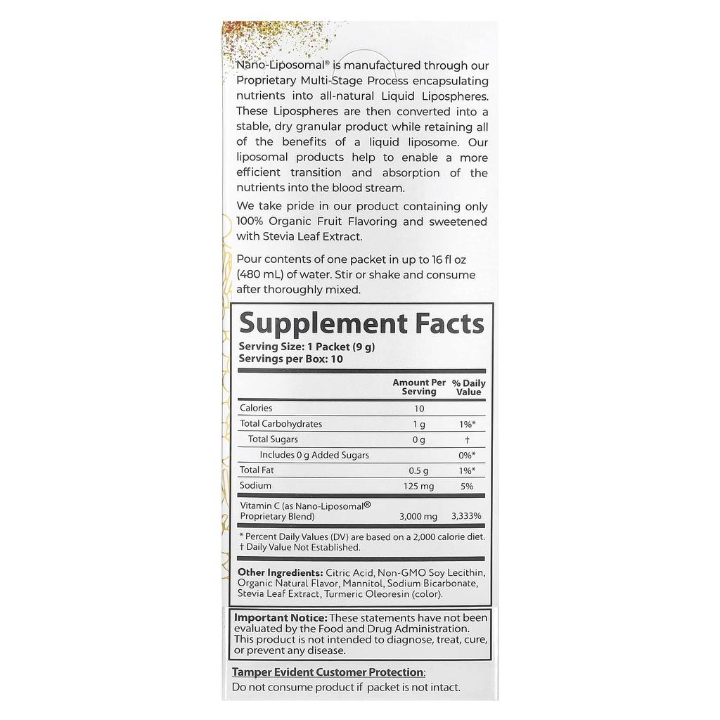 Nano-Liposomal®, Vitamin C, Liposomal Drink Mix, 10 Packets, 9G (0.32Oz) Each