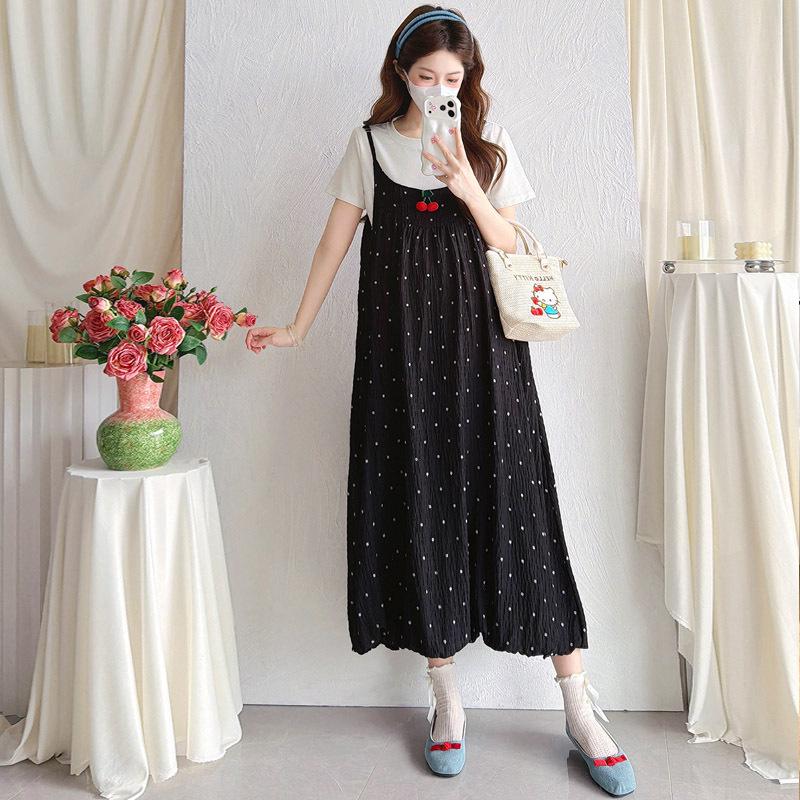 Stylish 2026 Summer Maternity Outfit: Polka Dot Strap Long Dress & Slimming Two-Piece Casual Set Large