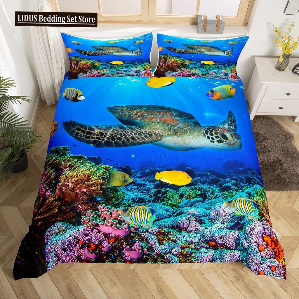Sea Turtle Duvet Cover Set King Size Watercolor Tortoise Butterfly Comforter Cover For Boys Girly Dreaming Style Bedding Set