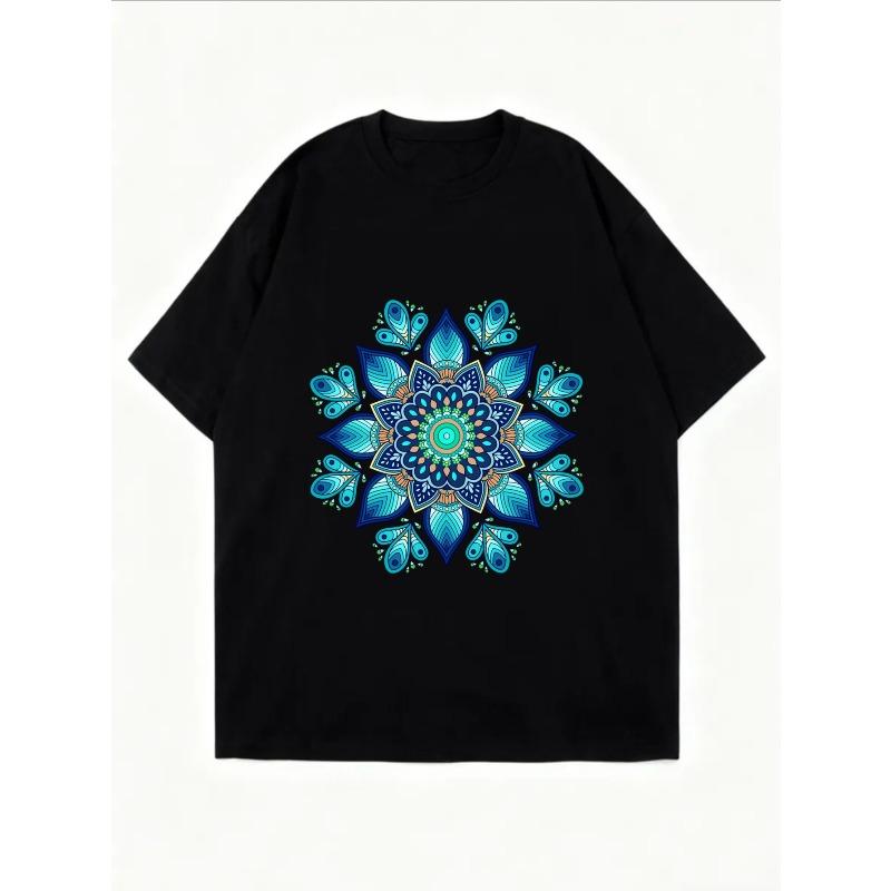 Vintage nadměrné tričko s tyrkysovým potiskem mandaly z pávího pera – Etnický styl, složitý vzorový top
