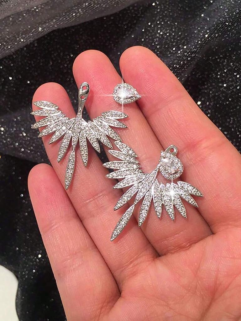 1Pair Fan-Shaped Zircon Earrings, 2-Way Wear Crystal Drop Earrings for Women, Wedding Party Jewelry