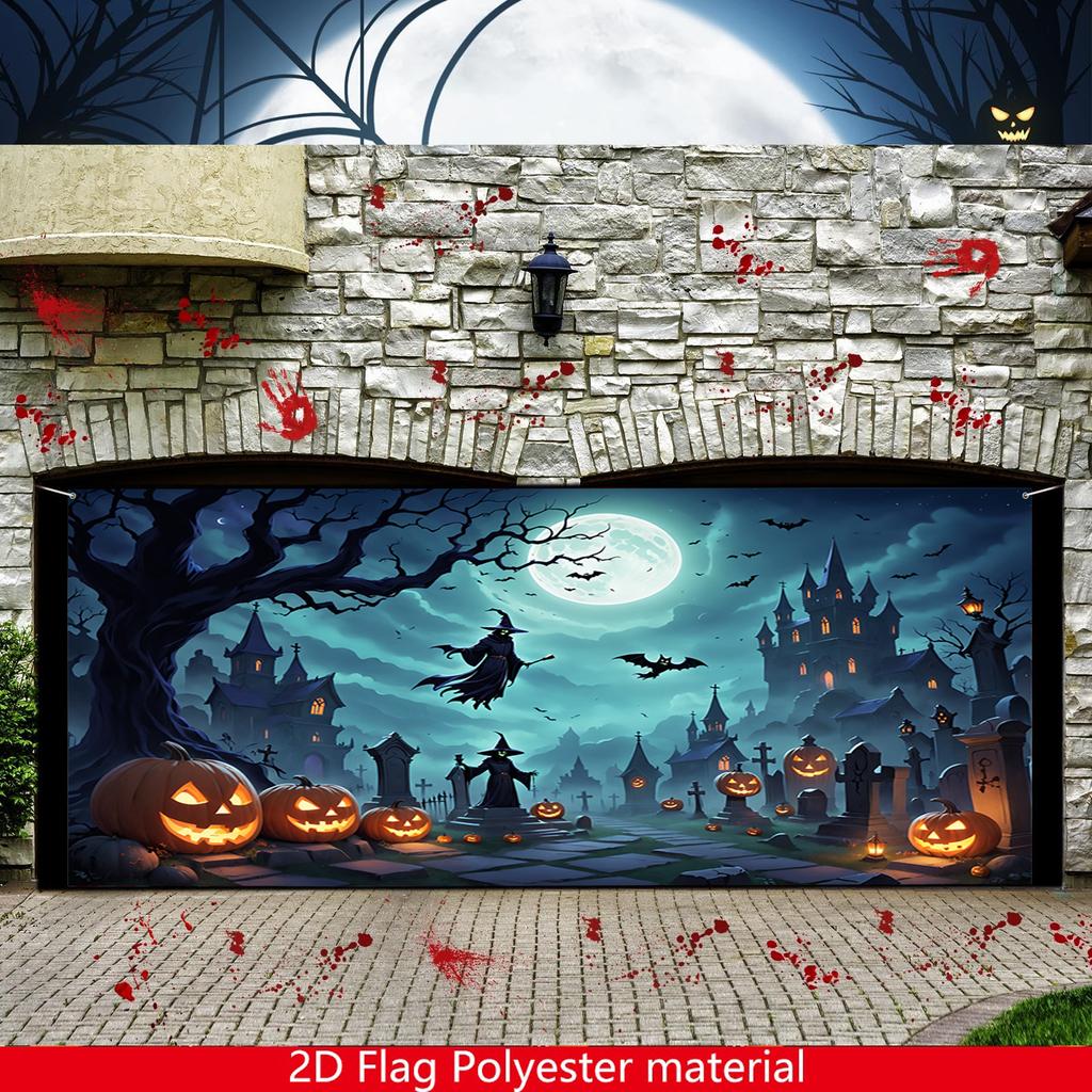 One [2D flat printing] item Halloween garage door sticker witch broom flying scenezyc