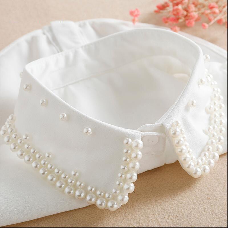 Perfect Match Bead Fake Collar Shirt Women White False Collars Woman Pearl Women Beaded Detachable Collar Necktie Black Chiffon Half Shirt