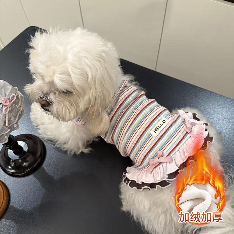Dog clothes Autumn and winter rainbow striped dress Bigbear cat teddy Pomeranian small dog velvet pet vest