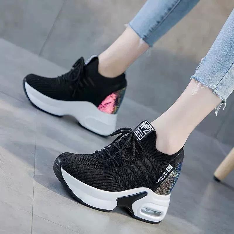 Spring and Summer Mesh Height Increasing White Shoes for Women, Breathable Casual Sports Shoes