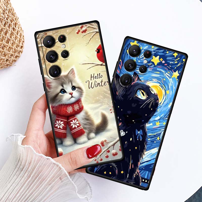 Cute cartoon cat illustration Phone Case For Samsung Galaxy S26 S25 S24 S23 S22 S21 S20 Ultra Plus FE 5G Black Soft TPU