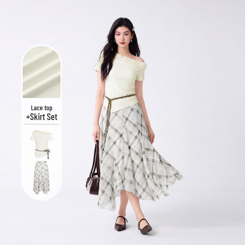 

FivePlus Ruffle Off-Shoulder Plaid Skirt Two-Piece Set M