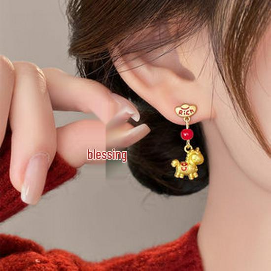 Asymmetrical Red Drip Oil  Little Horse Fu  Earrings - Luxury Chinese New Year Accessory