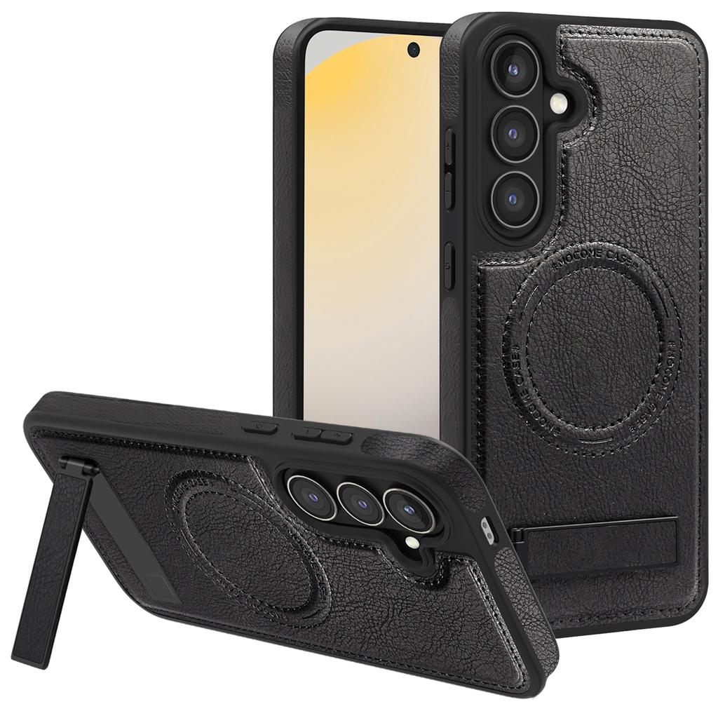 For Samsung Galaxy S24 FE Magnetic Case with Folded Kickstand PC Silicone Leather Phone Back Cover