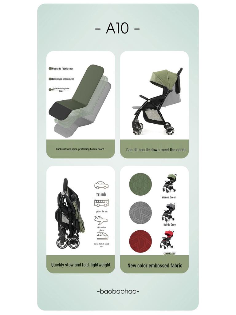 A10 Baby Stroller: Lightweight, Foldable, Four-Wheel Design for Sitting and Lying Down.