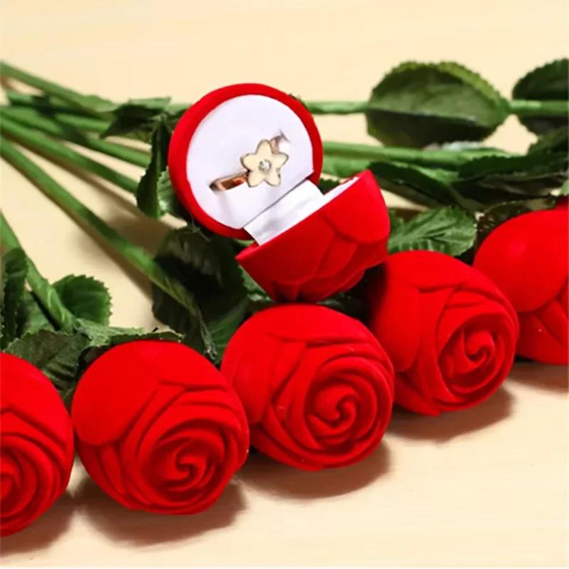 Flocked Rose Ring Box Long Root Rose Earring Ring Storage Box High-end Gift Box Engagement Ring Storage Box