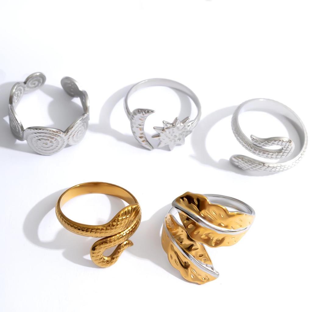 Stainless Steel Snake Sun Moon Spiral Adjustable Open Ring Set (5 Pieces)