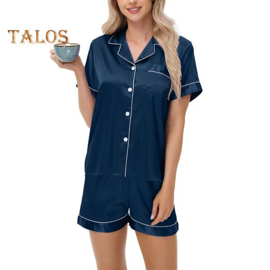 2-teiliges Pyjama-Set, Satin, einreihiges Cardigan-Hemd, V-Ausschnitt, Reverskragen, einfarbiges Hemd mit Brusttasche, lockere Shorts, Nachthemd, Nachtwäsche