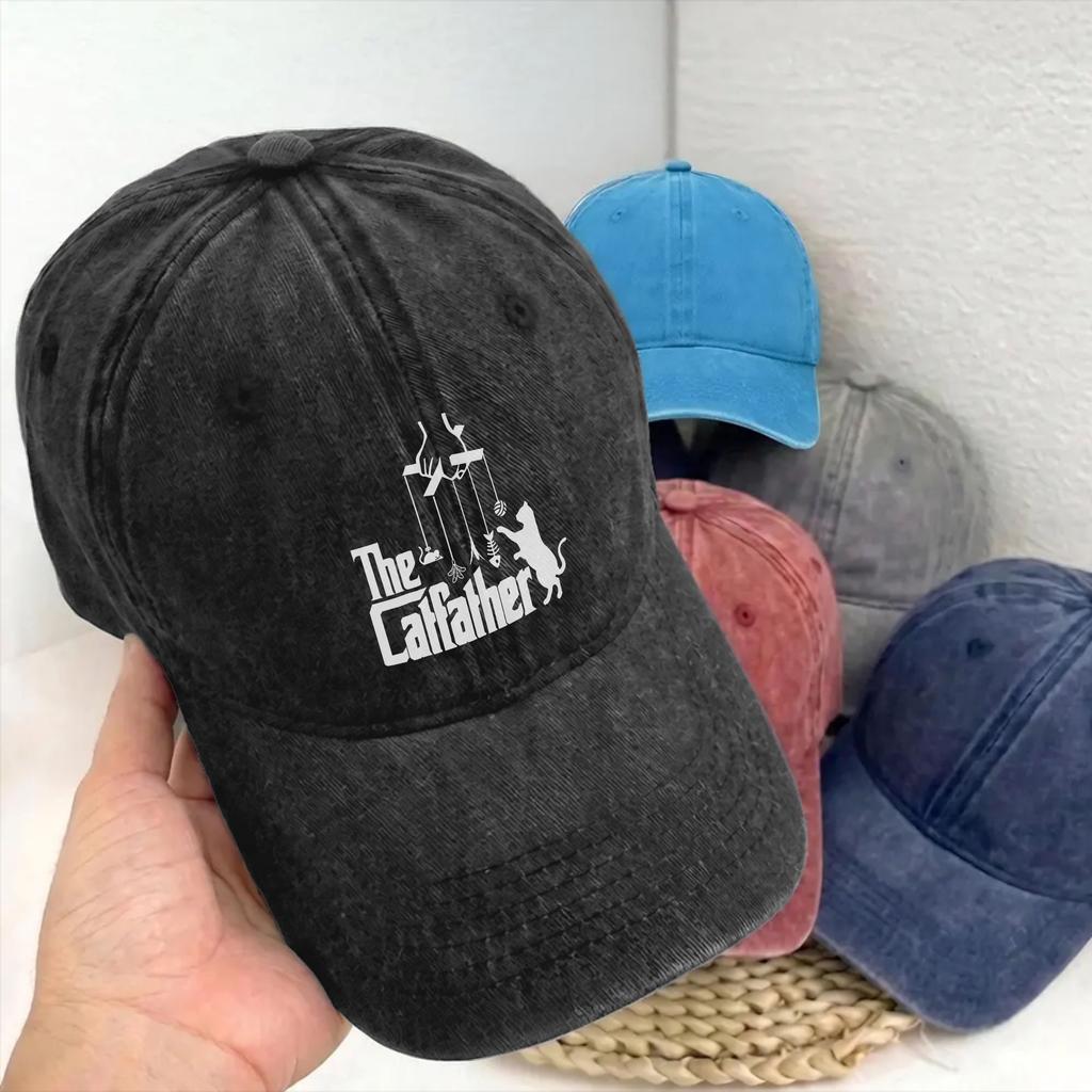 Funny Cat Dad Life The Catfather Unstructured Baseball Cap Distressed Denim Washed Fathers Day Snapback Unisex Adjustable Hats