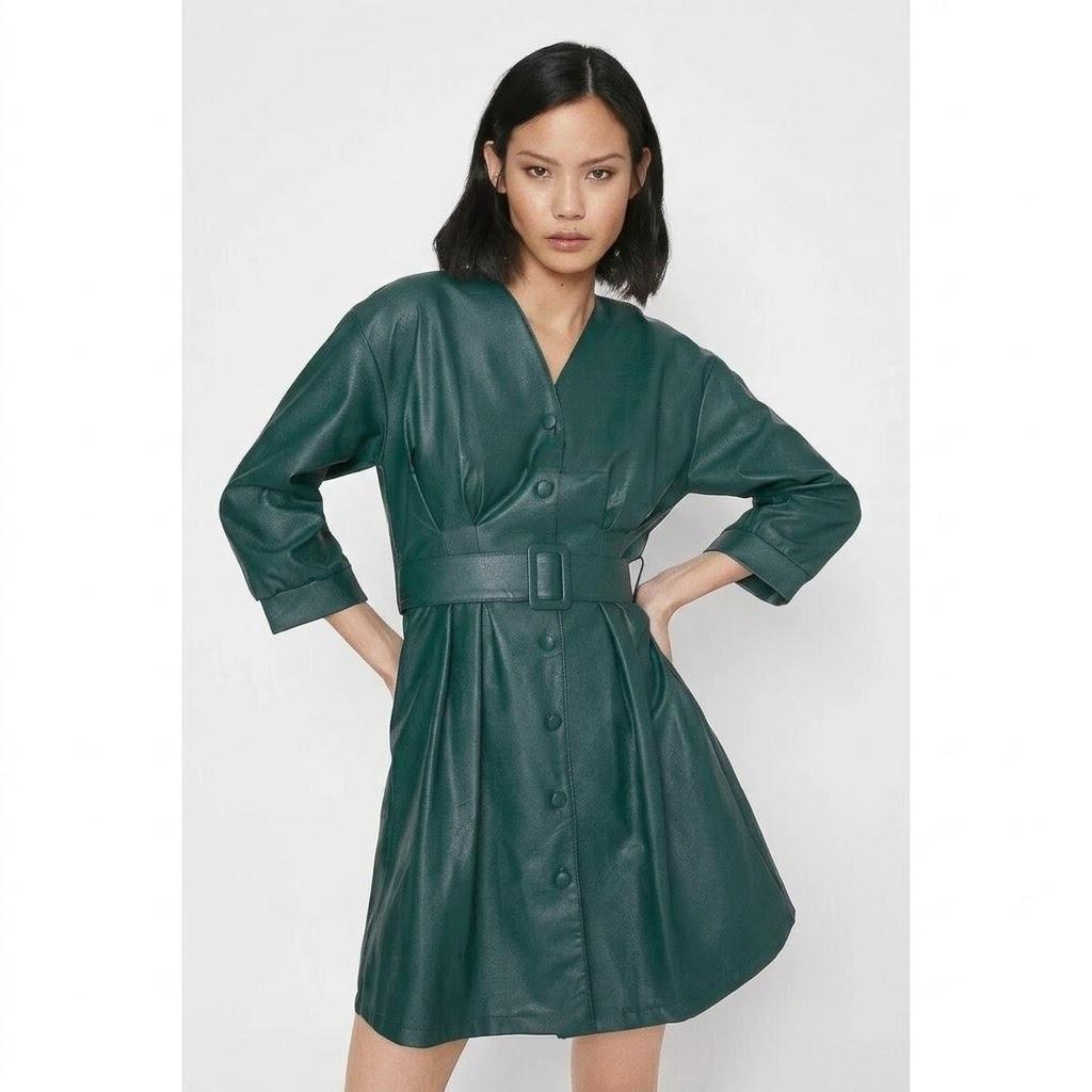 Женское стильное кожаное платье, ручная работа, повседневное, элегантное, мягкое, зеленого цвета, натуральная овчина S зелёный