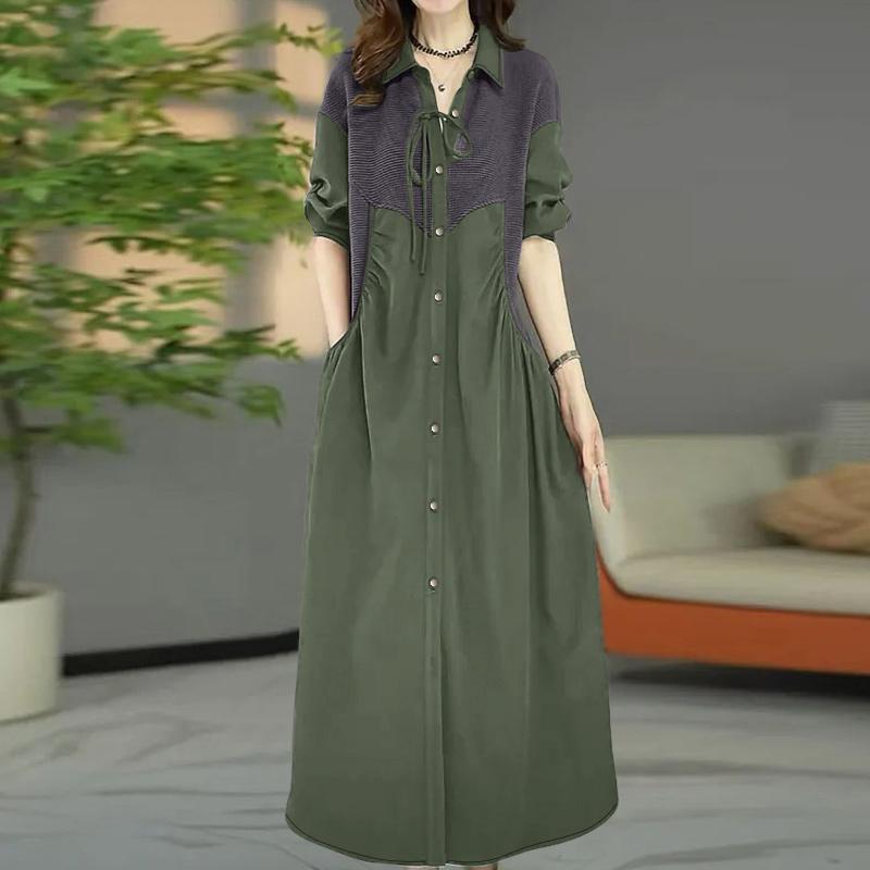 ZANZEA Women Casual Turn Down Collar Long Sleeve Loose Patchwork Dress