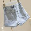 Women's High-Waisted Floral Denim Shorts: Versatile, Slimming, Loose Fit, Rolled Hem, A-Line, Wide-Leg, Trendy Summer Hot Pants.