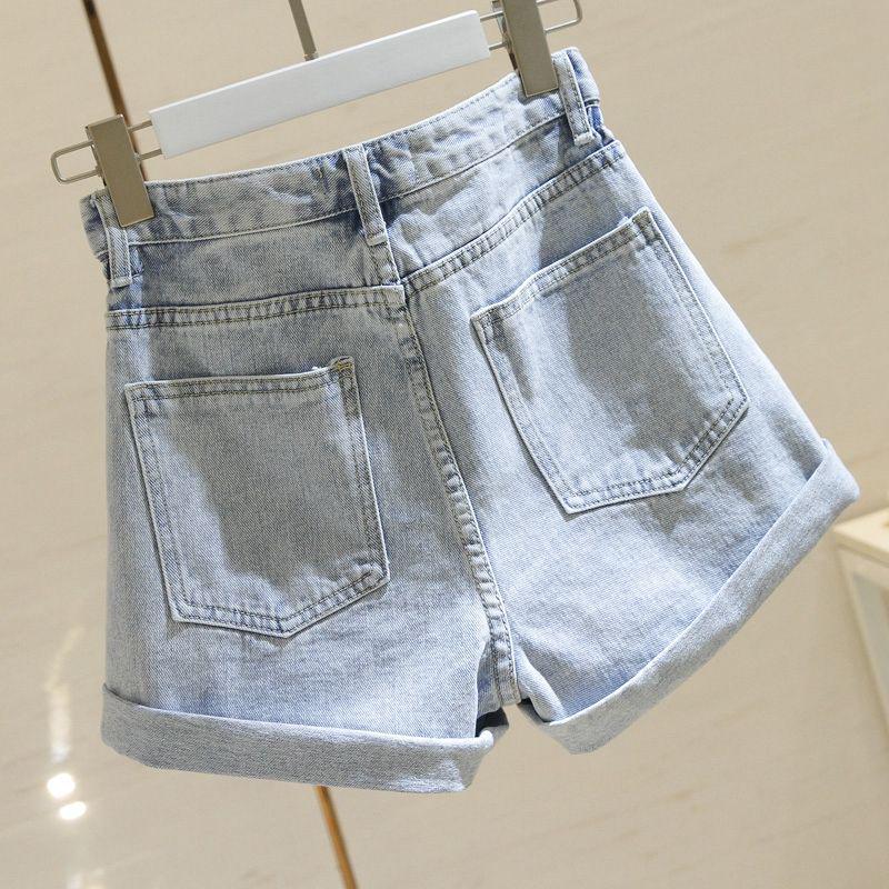 Women's High-Waisted Floral Denim Shorts: Versatile, Slimming, Loose Fit, Rolled Hem, A-Line, Wide-Leg, Trendy Summer Hot Pants.
