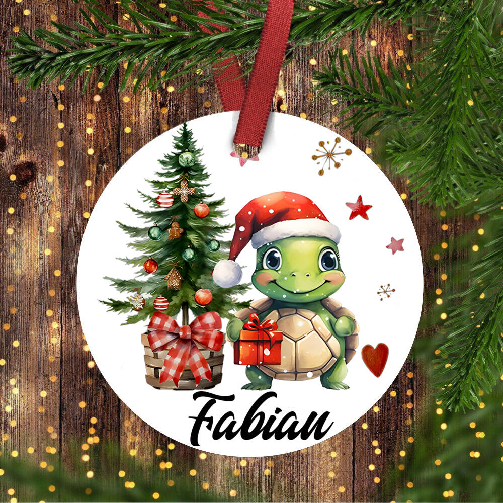 Personalised Christmas dinosaur decoration, Xmas tree ceramic hanging ornament, gift bauble, first Christmas keepsake present