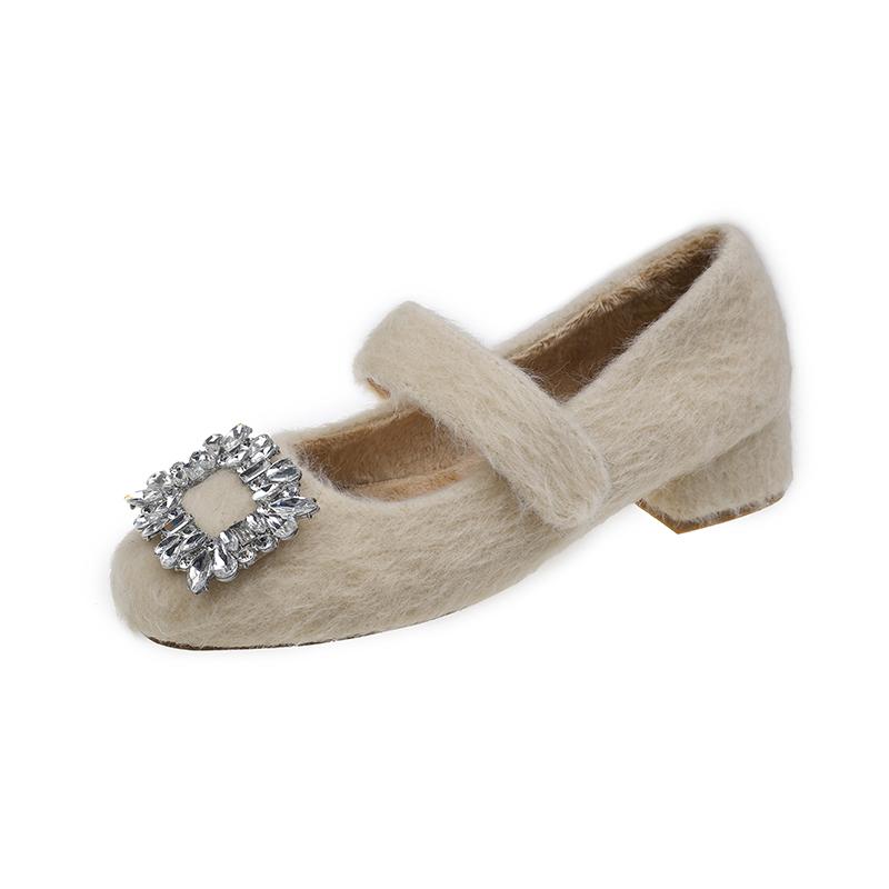 

Women s Thick Heel Cotton Boots Winter New Square Head Shallow Mouth Crystal Buckle Anti-slip Wear-resistant Low-top Shoes 35