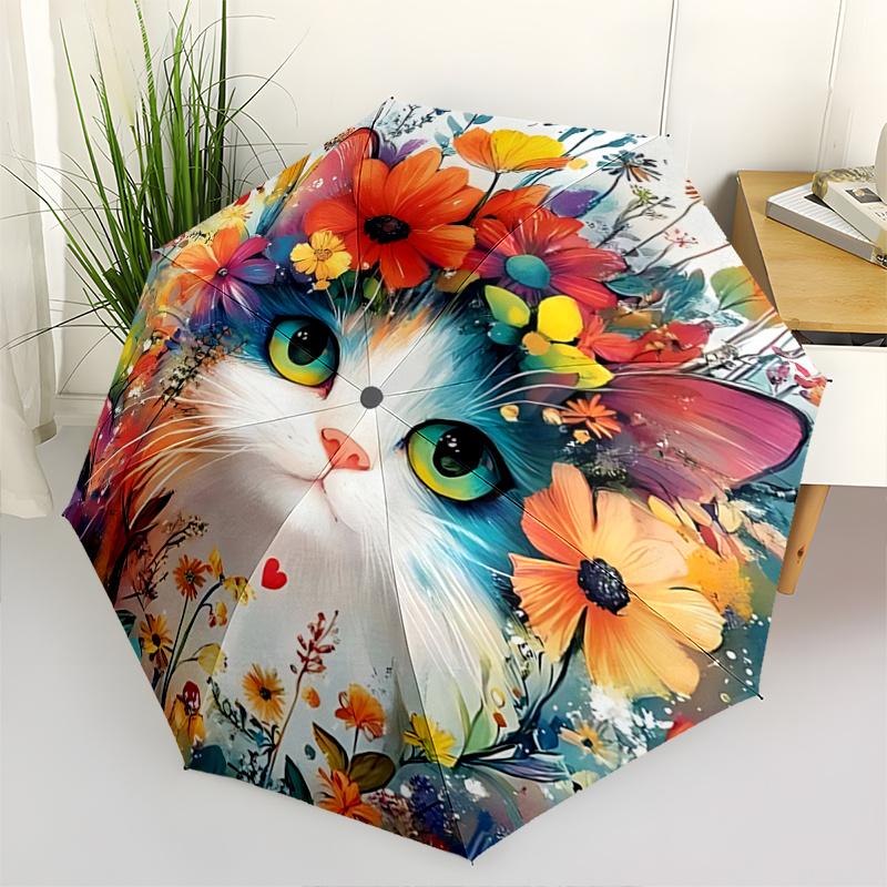 

1pc Cat Artwork Ideas Design Fully Automatic Folding Portable Umbrella, 8 Iron Frames, Three-Fold Design, Suitable for All Seasons, Suitable for