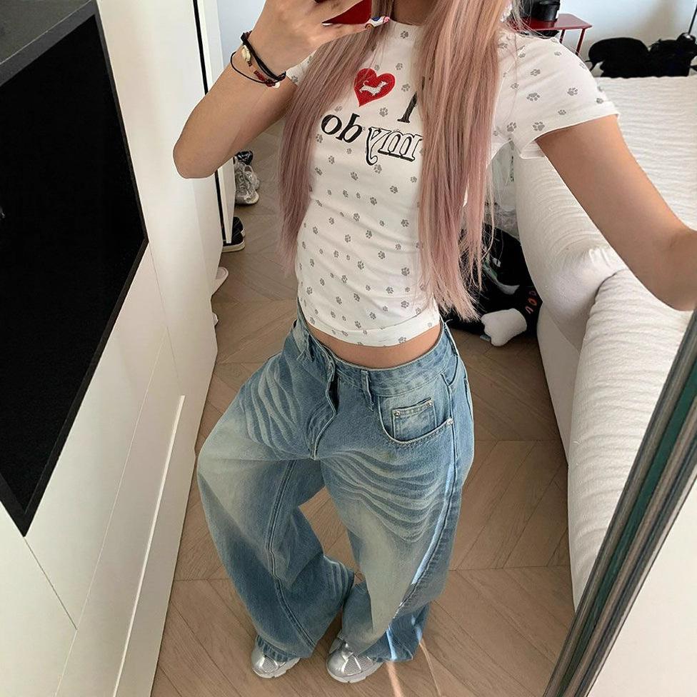 Design Crease Washed Jeans Women Spring and Summer Loose Wide Leg Trousers Do Old High Waist Straight Trousers Jeans for Women Long Denim Pants