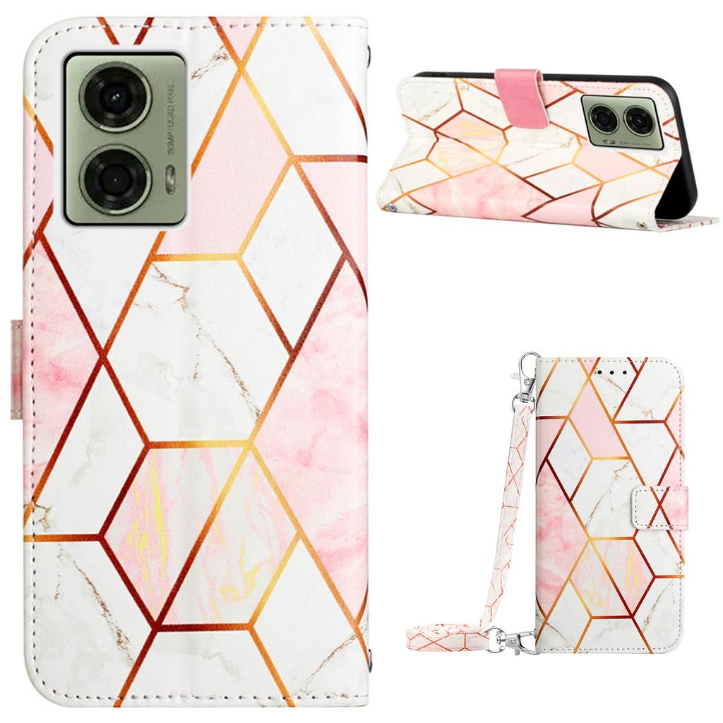 For Motorola Moto E14 4G/G04 4G/G04s 4G/G24 4G Leather Case with Shoulder Strap Marble Pattern Phone Stand Cover