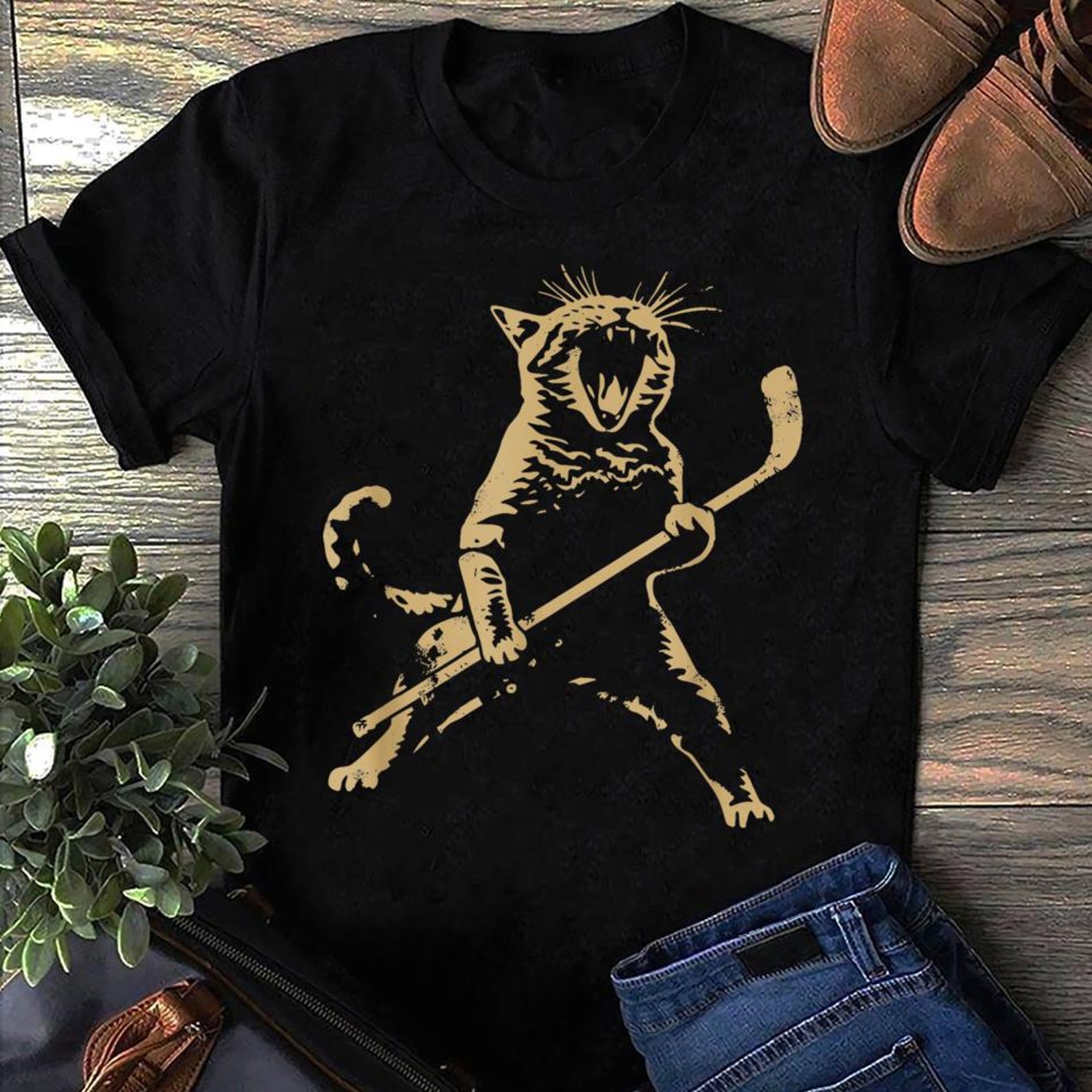 Cat Playing Ice Hockey Hockey T-Shirt, Funny Hockey,Ice Hockey Player,Hockey Dad Tee, Hockey Lover Tee, Hockey Player Tee, Hockey Life S