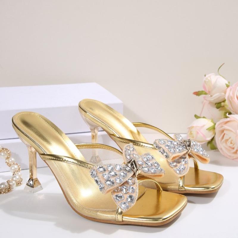 Fashion Women's Sandals Rhinestone Bow Clear Mesh Breathable Open Toe Summer New Square Toe Fashion High Heel Slippers