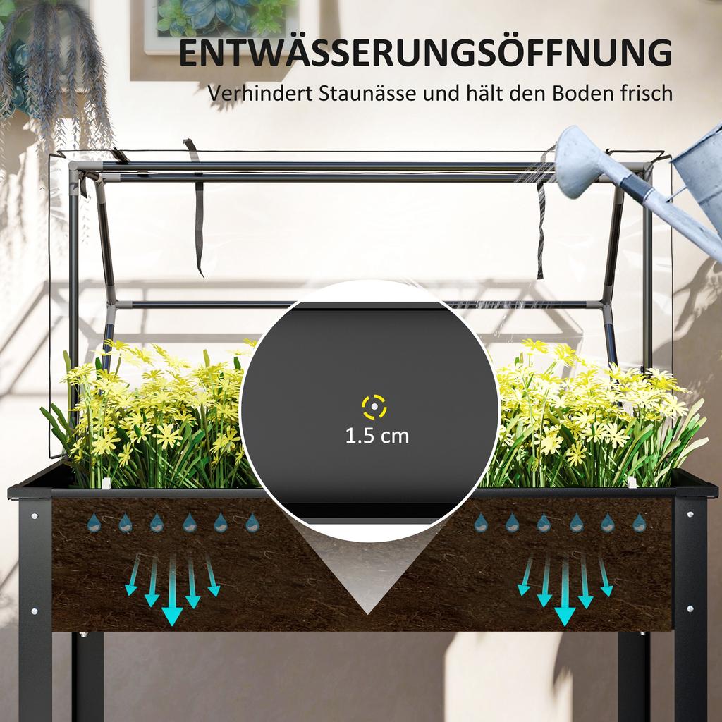 Raised Garden Bed with Greenhouse Roof, Elevated Planter Box with Drainage Holes, 100 x 48 x 124 cm, Black