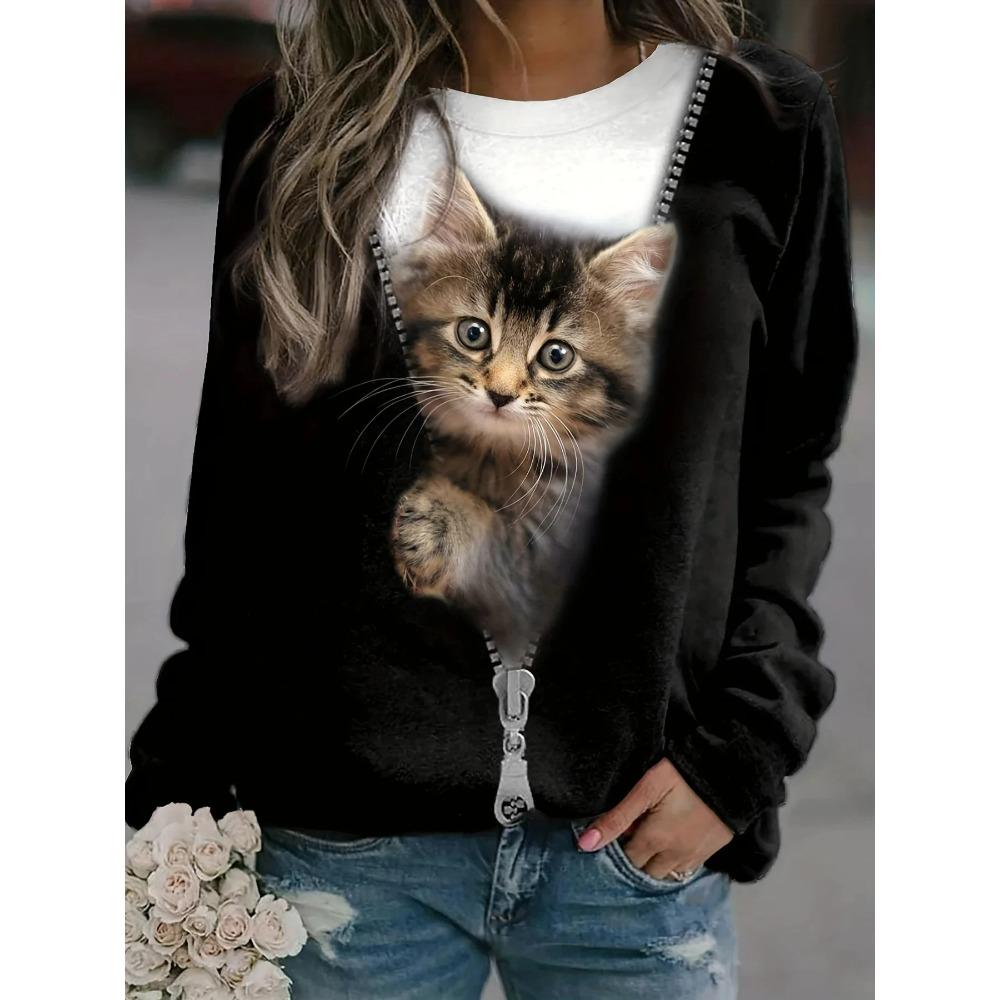 Fashion 3D cat print women's casual round neck long sleeved T-shirt