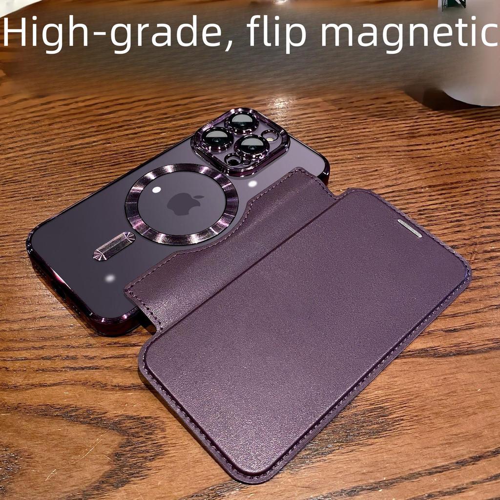 "Apple iPhone 15 Gold Shield Magnetic Leather Flip Case with Full Lens Protection"