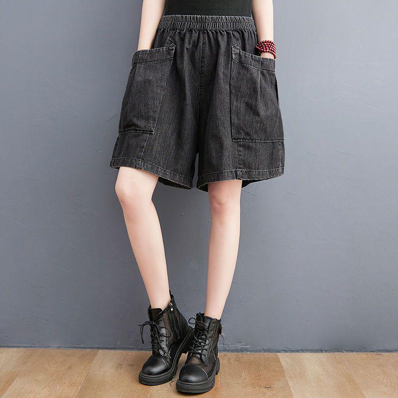 Summer 2025 Women's Elastic Waist Thin Denim Shorts - Plus Size, Loose Wide Leg, Cropped Fit for Slimming
