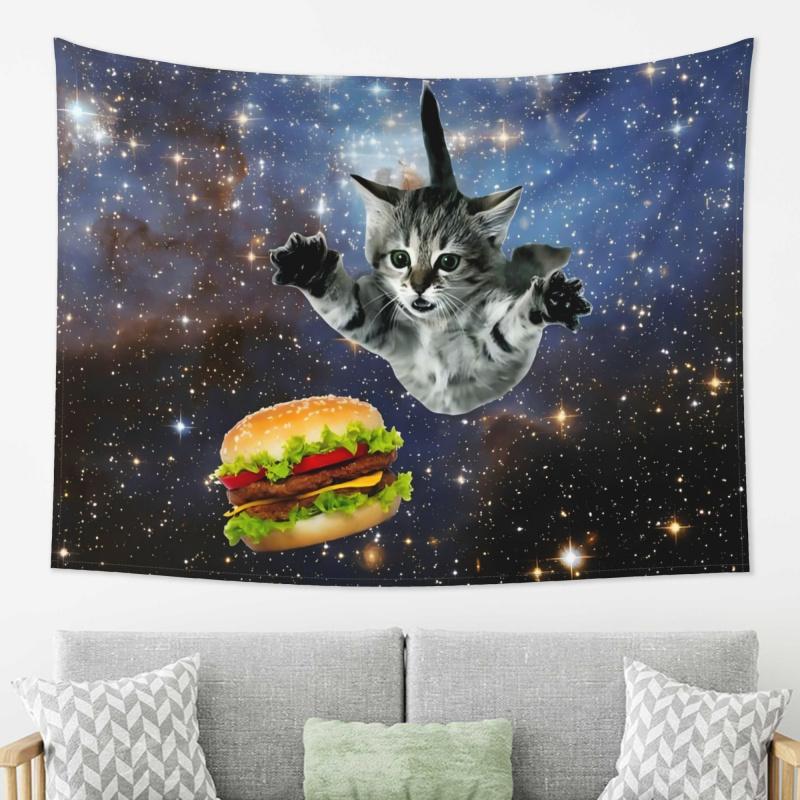 VIKAMA Space Cat Burger Tapestry Funny Trippy Space Cat Wall Hanging for Bedroom Dorm Gaming Room Decor