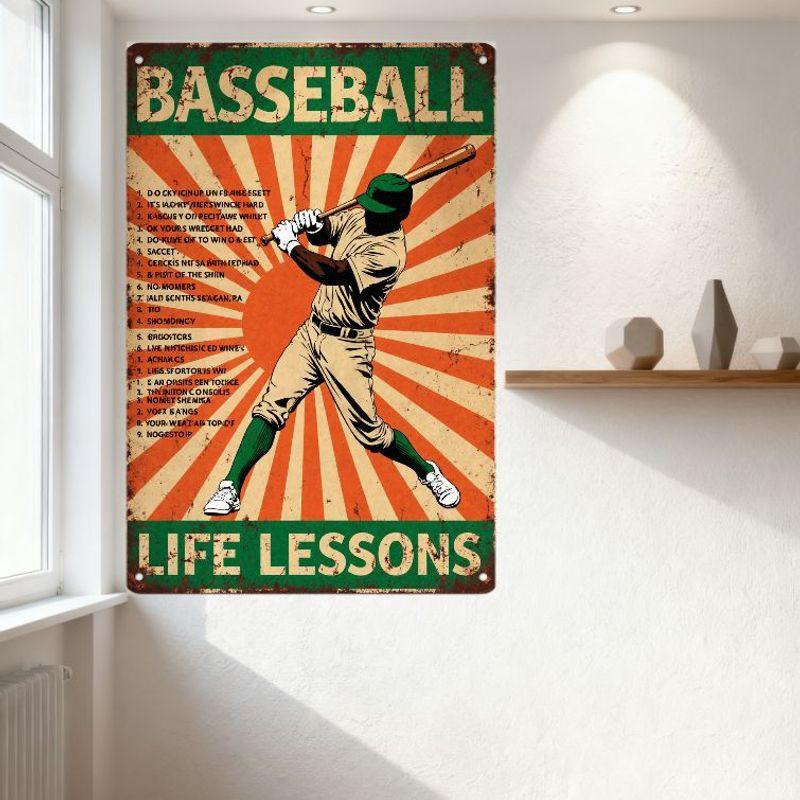 Vintage Baseball Life Lessons Metal Tin Sign with Dynamic Player Illustration - Retro Home Bar Cafe Wall Decor for Man Cave