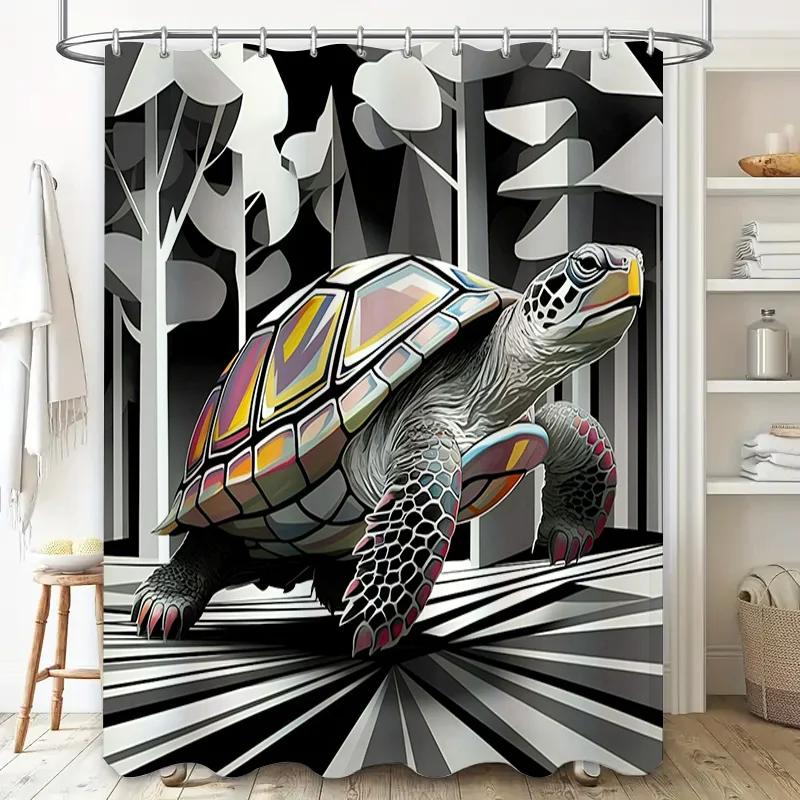 Animal-themed waterproof shower curtain colorful turtle design for bathroom decor.