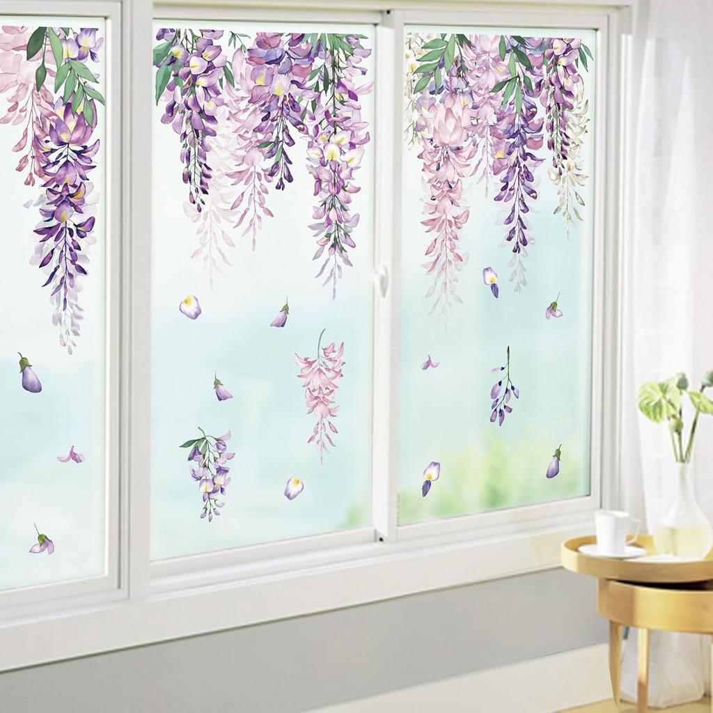 wondever Summer Purple Flower Window Clings Hanging Vine Wisteria Floral Leaf Glass Sticker Decal Anti Collision Double-Side Static Window Decals for
