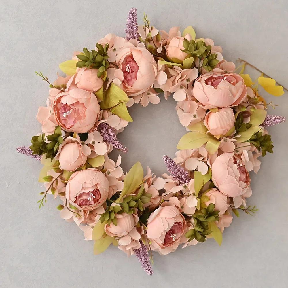 45CM Artificial Peony Wreath Door Decoration Wedding Lintel Flower Photography Props Living Room Wreath Floral Decoration