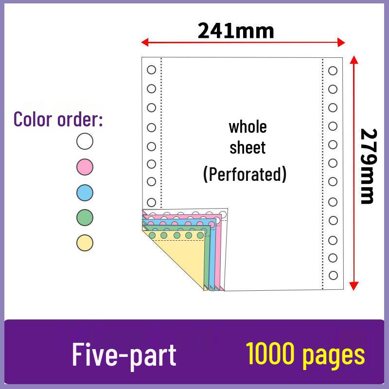 Three-part, two-fold pin-feed paper; two-part, three-fold accounting voucher paper; three-part, four-part printer form.
