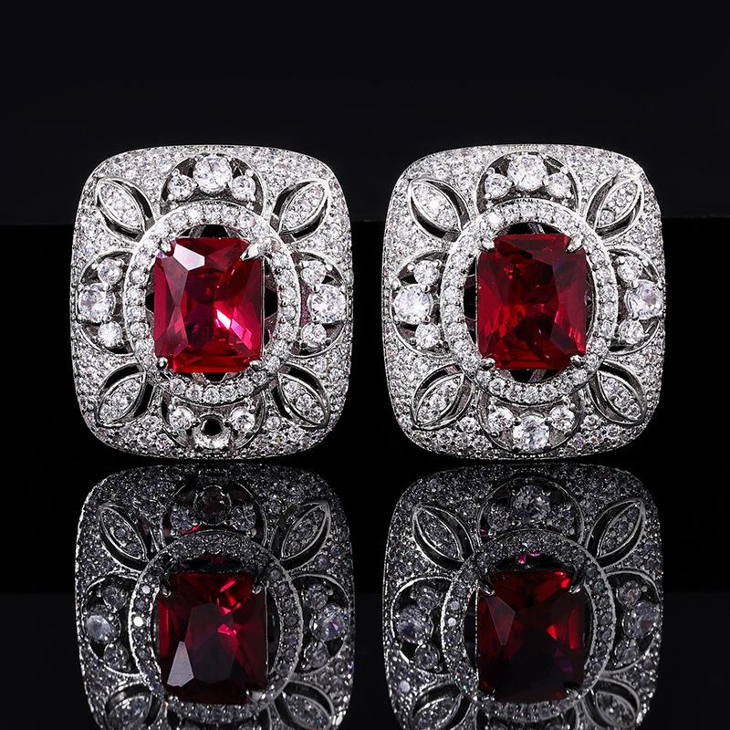 Hollow zircon micro-inlaid exquisite large stud earrings, sugar tower colored treasure set, red corundum pendant, square diamond ring.
