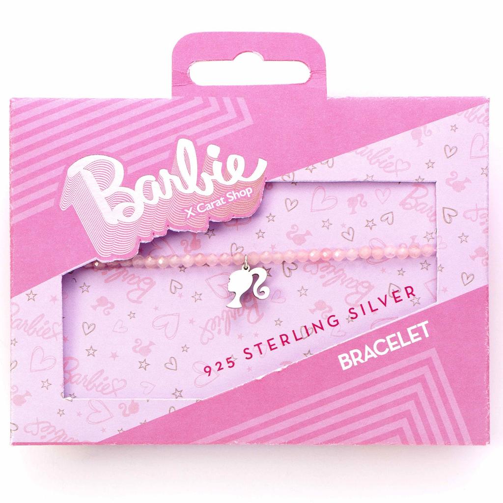 barbie Sterling Silver Silhouette Charm & Rose Quartz Bead Bracelet