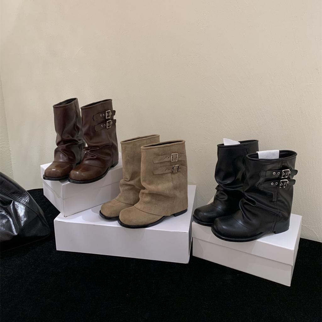 French Spice Girl Style Belt Buckle Thick Heel Trendy Pant Pants Boots Women's Autumn and Winter Fashion Versatile Fried Street Suede Pile Boots