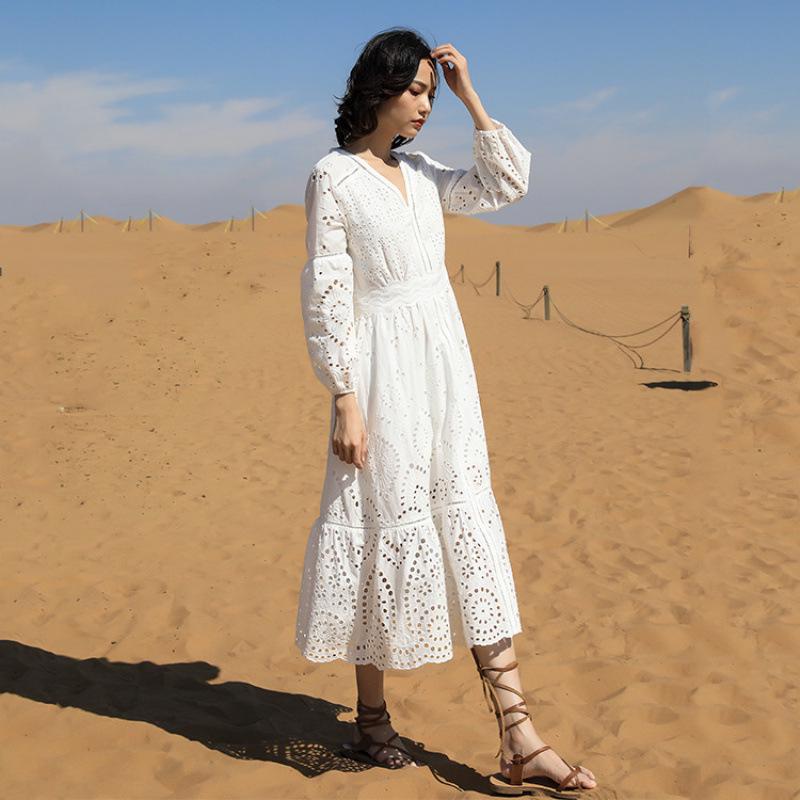 Spring/Summer 2025 Women's White Pure Cotton V-neck A-line Long Dress - F2075