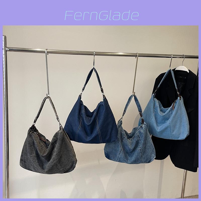 Denim Tote Bag For Women Large Capacity Casual Street Style With Zipper Closure