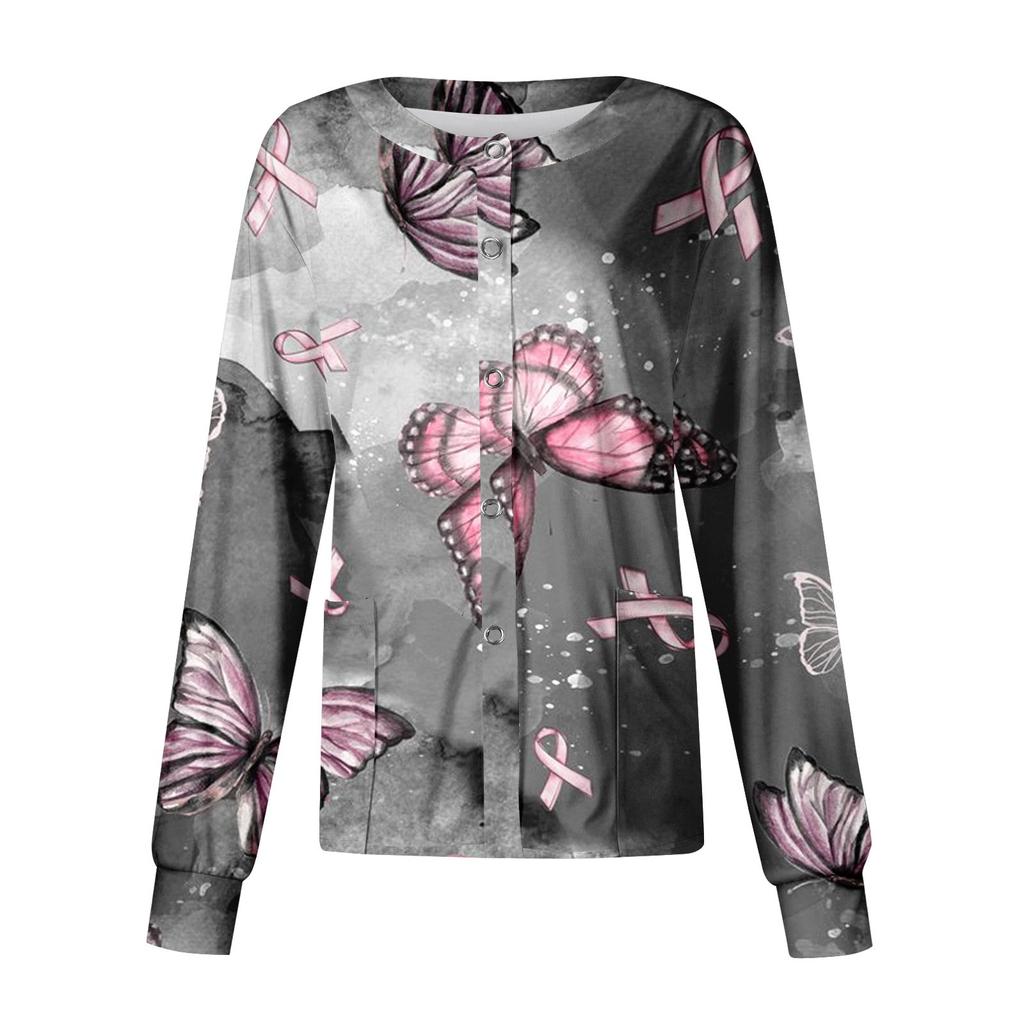 Women's Fashionable Casual Pocket Long Sleeved Themed Printed Round Neck Top