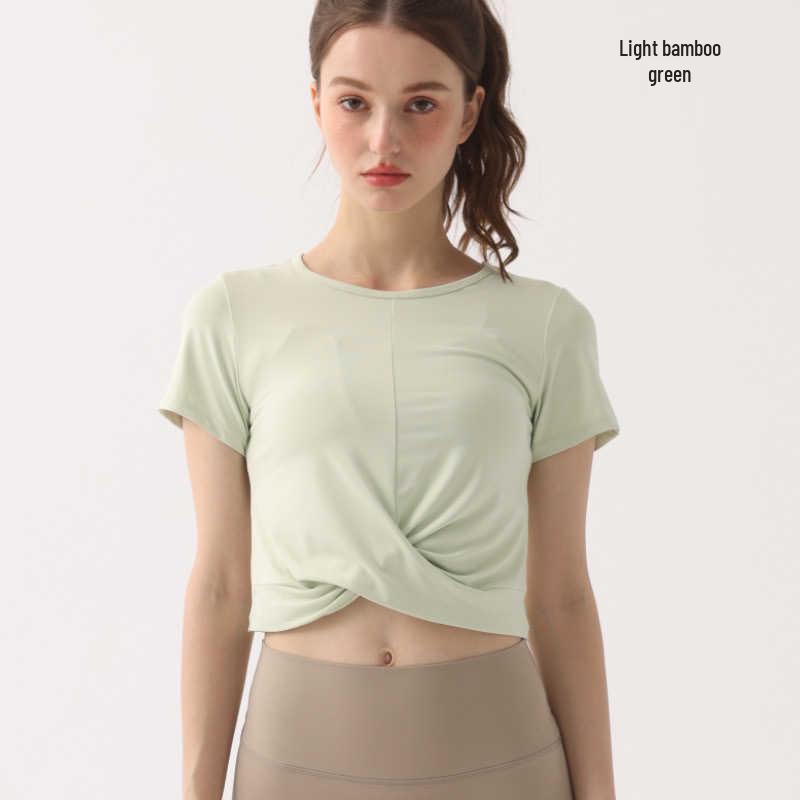 

Бежевый кроп-топ с перекрестными лямками и короткими рукавами, быстросохнущий - Дышащая фитнес-одежда для йоги и бега для женщин Large