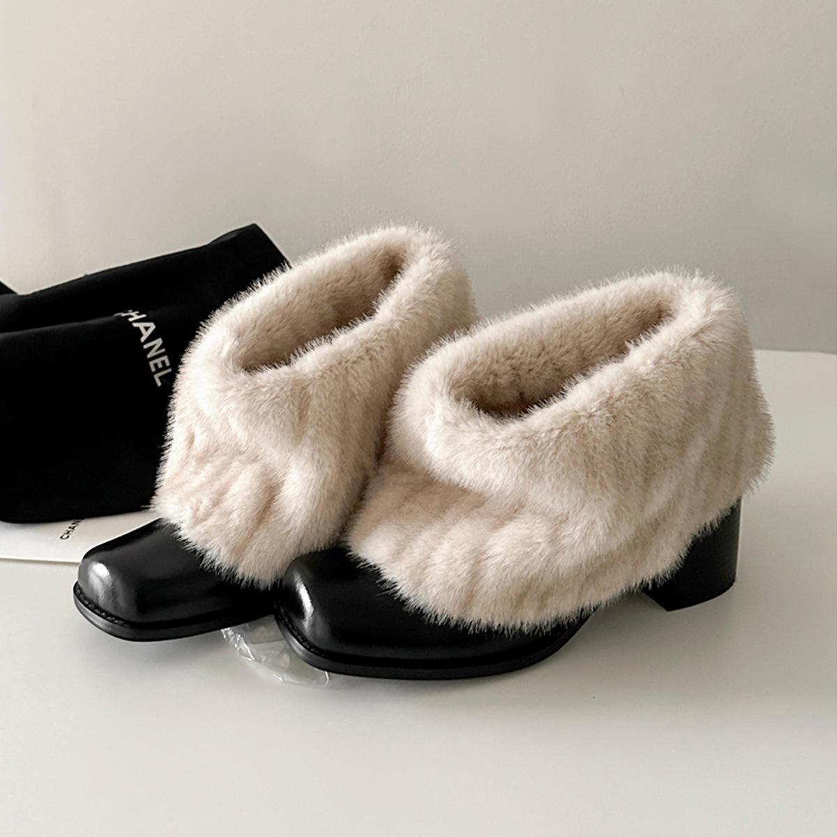 

Версия из коровьей кожи~ Плюшевые ботильоны на высоком каблуке с квадратным носком, плюшевые теплые ретро короткие ботинки, плюшевые угги, женская универсальная хлопковая обувь 39