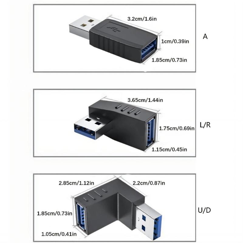 5pcs USB3.0 90 Degree Extension Adapters with Male to Female Connector for Tight Space Installation on Laptops and Vehicles